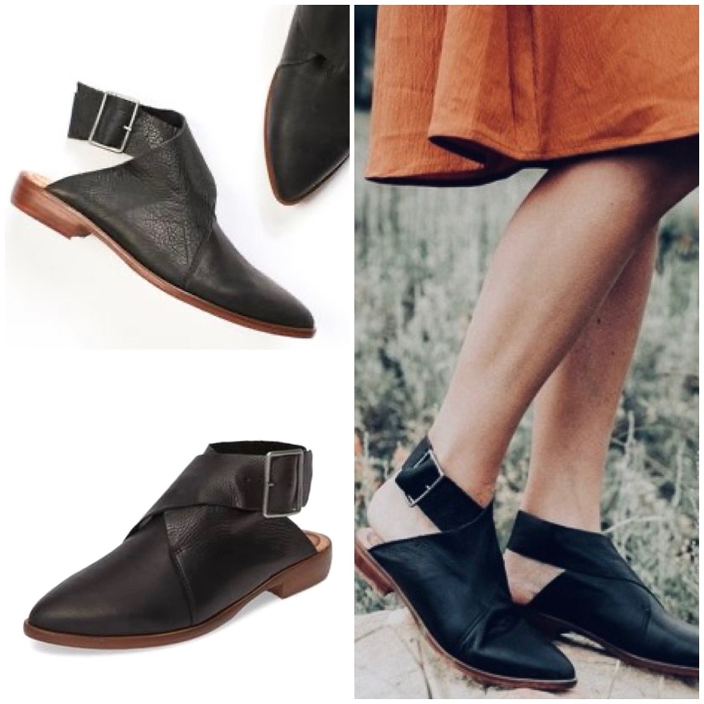 FREE PEOPLE 41 Bryce Black Leather Ankle Wrap Pointed Toe Mule Flats 10 9.5